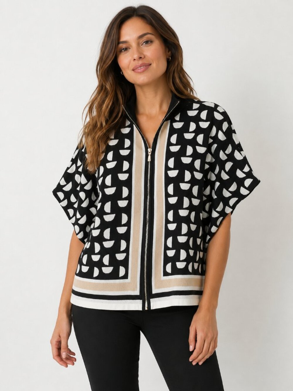 Chico's Zip Front Geometric Knit Jacket Cardigan Black White Beige Size OS